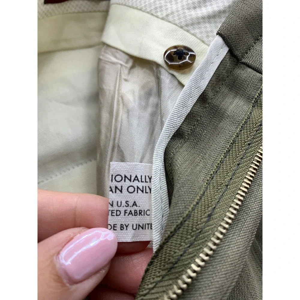 Corbin Dress Pants Mens 34 Green 150s Micro Merino Pleated Straight Leg Oxford